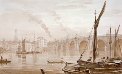 Utsikt över Blackfriars Bridge från Surreys kust, med båtar i förgrunden, London, c1825