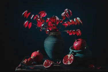 Stämningsfullt stilleben med rött granatäpple