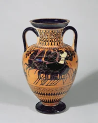 Attic svart-figur Amphora som visar en vagn med hjul, 520-500 f.Kr. (lera)
