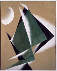 Konstruktion med vit halvmåne. Verk av Lyubov (Lioubov) Sergeyevna Popova (1889-1924), gouache på kartong