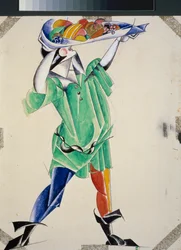 Förberedande kostym till pjäsen "Romeo och Julia" av William Shakespeare (1564-1616). Verk av Lyubov (Lioubov) Sergeyevna Popova (1889-1924), gouache och bläck på papper