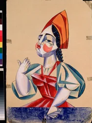 Förberedande kostym för en kvinnlig karaktär i pjäsen "Du pope et de son valet Balda", av Alexander Pushkin (1799-1837). Verk av Lyubov (Lioubov) Sergeyevna Popova (1889-1924), gouache och bläck på papper