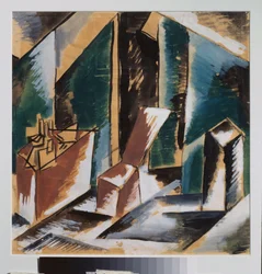 Förberedande dekor. Verk av Lyubov (Lioubov) Sergeyevna Popova (1889-1924), gouache på papper, omkring 1910. Rysk scenografisk konst, 1900-talet. Privat samling.