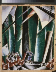 Förberedande dekor till pjäsen ""kanslern och låssmeden"". Verk av Lyubov (Lioubov) Sergeyevna Popova (1889-1924), gouache och bläck på papper