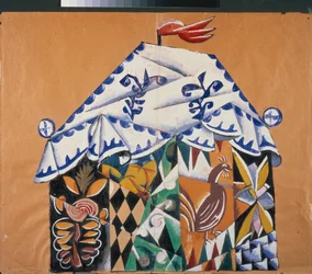 Skiss av ridån för pjäsen "" Av påven och hans betjänt Balda "", av Alexander Pushkin (1799-1837). Verk av Lyubov (Lioubov) Sergeyevna Popova (1889-1924), collage, gouache och brons på papper