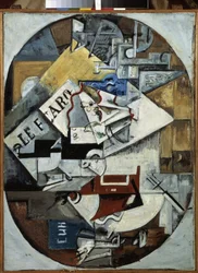 Fortfarande liv. (Le Figaro) Målning av Lyubov (Lioubov) Sergeyevna Popova (1889-1924), olja på duk