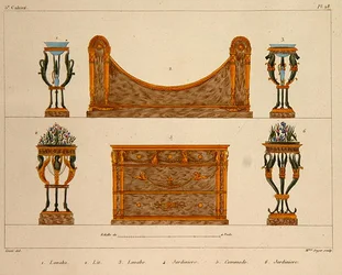 Möbeldesigns, graverade av Mme Soyer, platta 28 från "Modeles de Meubles et de decorations interieures pur les meubles", publicerad 1828/41 (färglitografi).