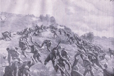 Återtagandet av Szawle. Storming the ridge, från puben The Illustrated History of the World War 1914-1915. av Union Berlagsefellfchaft