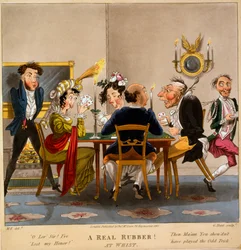Ett riktigt gummi! At Whist, tryck gjord av George Hunt, 1827 (handfärgad gravyr)