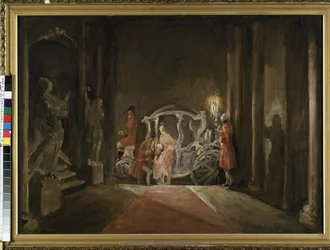 ""Une invitee"" (En gäst) En ung kvinna, som påminner om Askungen, stiger mystiskt ned från en vagn mitt i natten. Målning av Max Friedrich Hofmann (1873-1937) 1926 Mått 116x161 cm Mikalojus Konstantinas Ciurlionis Museum of Fine Arts, Kaunas, Lit