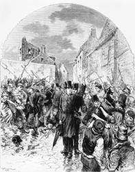 Upplopp i Irland - En katolsk präst arresterad av polisen i Mullingar räddas av folket, från Le Monde Illustré, 25 juni 1881