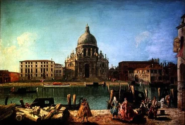 S. Maria della Salute från Rio de San Moise, Venedig, med gentry och gondoljärer i förgrunden.