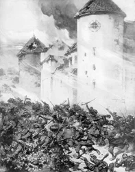 Fransmän och tyskar slåss under murarna i Chateau de Mondement, Frankrike, 1914.