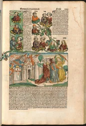 Labans genealogiska träd, från Nürnbergkrönikan av Hartmann Schedel (1440-1514) tryckt 1493 (träsnitt)