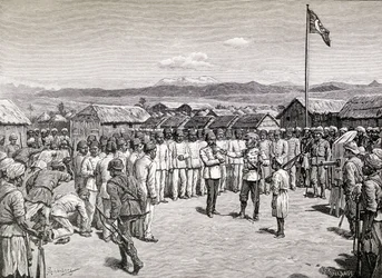 Sir Henry Morton Stanley talar till rebellofficerare i Kavalli, 1890 (trästick)