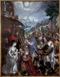 Tillbedjan av Magi. Ovanför den heliga familjen och magierna, herdens stjärna. Målning av Maaerten de Vos (Martin de Vos, Marten de Vos) (1532-1603), flamländsk konst 1500-talet. Museum of Fine Arts i Valenciennes.