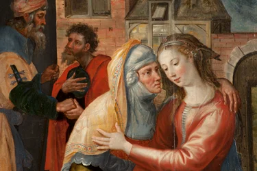 Adoration of the Magi, Triptyk, Vänster panel: Holy Virgins liv, detalj, målning på trä