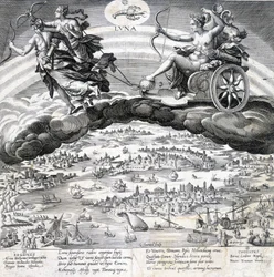 Luna: allegori över månen (Diana) och skorpionen som är under dess inflytande (stjärntecken) - gravyr av Maaerten de Vos (Martin de Vos, Marten de Vos) (1532-1603), n.d.
