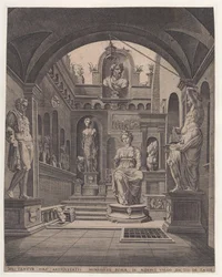 Skulpturer vid Villa Sassi i Rom, gravyr av Coornhert, Dirck Volckertsz (1519/22-1590)