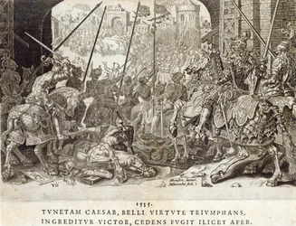 Erövringen av Tunis 1535, tavla 7 från "Kejsar Karl V:s militära bedrifter", graverad av Dirk Volkertsz Coornhert (1522-90), 1555 (gravyr och etsning)