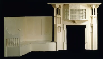En målad vedeldsram och inglenook designad för Glencrutchery House, Douglas, cirka 1897, c.1897 (målat trä)