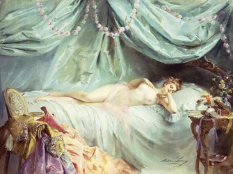 Liggande nakenfigur i en elegant interiör