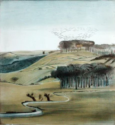 Landskap med Flock of Rooks (penna, penna och bläck och akvarell på papper)