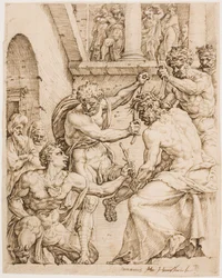 Kristus krönas med törnar, ca. 1548 (Penna, brunt bläck och svart krita på gulfärgat papper)