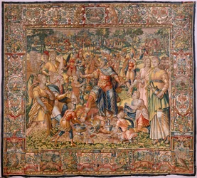 Stiftsmuseet (stiftsmuseet). flamländsk gobeläng. Bryssel. François Geubels verkstad. Serien Berättelsen om Gideon. Israeliterna lämnar över sin del av bytet till Gideon. Siden och ull. Förlåtelse av Bisho