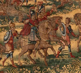 Stiftsmuseet (stiftsmuseet). flamländsk gobeläng. Bryssel. François Geubels verkstad. Serien Berättelsen om Gideon. Midjaniternas nederlag. Siden och ull. Förlåtelse av biskop Vincent Rock av Serna. Barock. 1534-1571, i