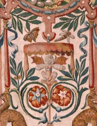 Stiftsmuseet. Flamländsk gobeläng. Bryssel. Atelier François Geubels. Serien Berättelsen om Gideon. Israeliterna överlämnar sin del av bytet till Gideon. Siden och ull. Testamentsgåva från biskopen.