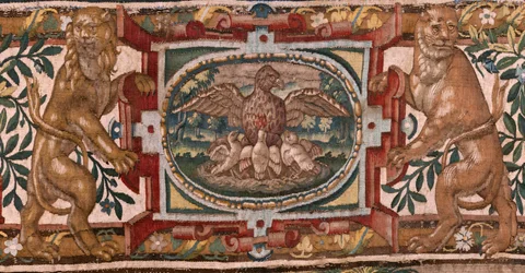Stiftsmuseet. Flamländsk gobeläng. Bryssel. Atelier François Geubels. Serien Berättelsen om Gideon. Israeliterna överlämnar sin del av bytet till Gideon. Siden och ull. Testamentsgåva från biskopen.
