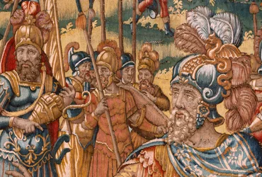 Stiftsmuseet (stiftsmuseet). flamländsk gobeläng. Bryssel. François Geubels verkstad. Serien Berättelsen om Gideon. Israeliterna lämnar över sin del av bytet till Gideon. Siden och ull. Förlåtelse av Bisho