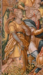 Stiftsmuseet (stiftsmuseet). flamländsk gobeläng. Bryssel. François Geubels verkstad. Serien Berättelsen om Gideon. Israeliterna lämnar över sin del av bytet till Gideon. Siden och ull. Förlåtelse av Bisho