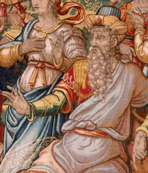 Stiftsmuseet (stiftsmuseet). flamländsk gobeläng. Bryssel. François Geubels verkstad. Serien Berättelsen om Gideon. Joash får veta att Gideon har förstört Baals altare (Joash får veta att Gideon har rivit Baals altare). Siden och ull. Beque
