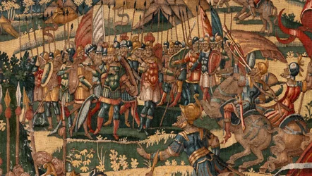 Stiftsmuseet (Museo Diocesano). flamländsk gobeläng. Bryssel. Atelier François Geubels. Serie Story of Gideon. Miraklet med ullfleece (Prueba del vellón de lana). Siden och ull. Förlåtelse av biskop Vicente Roca de la Serna. Barock. 1534-1571, in