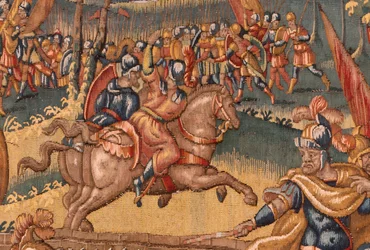 Stiftsmuseet. flamländsk gobeläng. Bryssel. Atelier Francois Geubels. Serien Story of Gideon. Krigarna är utvalda. Siden och ull. Förlåtelse av biskop Vicente Roca de la Serna. Barock. 1534-1571, i c