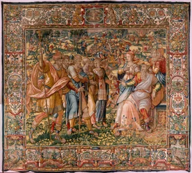 Stiftsmuseet (stiftsmuseet). flamländsk gobeläng. Bryssel. François Geubels verkstad. Serien Berättelsen om Gideon. Joash får veta att Gideon har förstört Baals altare (Joash får veta att Gideon har rivit Baals altare). Siden och ull. Beque