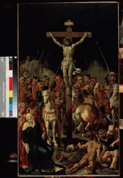 ""Golgata"" (Golgata) Korsfästelsen. Inskriptionen ""INRI"" på korset. Centralpanel av en triptyk. Målning av Maarten van Heemskerck (Maerten Heemskerk van Veen) (Marten, Martin) (1498-1574) 1545-1550 Mått 100,7x58,3 cm Eremitagemuseet, Sain