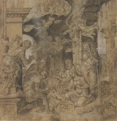 Herdarnas tillbedjan, verso: Skisser, ca. 1532-37.
