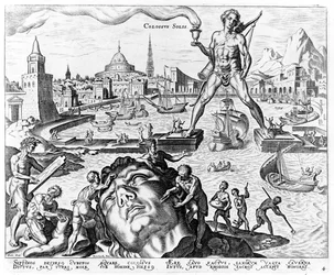 The Colossus of Rhodes, skylt 4 från The Eight Wonders of the World, eng. Philips Galle, 1572
