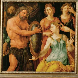 Vulcanus ger Thetis skölden till Akilles (målning på ek)