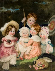 Porträtt av de fem äldsta barnen till den andre earlen av Bradford (1789-1865), ca 1821-74 (olja på duk)
