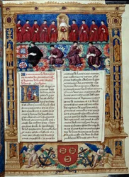 The Council of Ten The Doge är i centrum. Sidan hämtad från en beskrivning eller affärer med regeringen och regimen i staden och herredømmet i Venedig realiserad av amiral Louis Malet de Graville, upplyst av Philip de Geldres mästare (1500-talet)