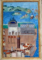 Utsikt över Markusplatsen med Dogepalatset”” Miniatyr hämtad från “” Beskrivning eller affärer om regeringen och regimen i staden och herredømmet i Venedig””” av Philip de Geldres mästare (1467-1547) Chantilly, Musee Conde