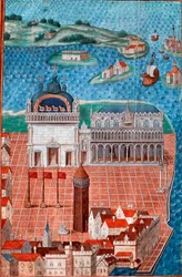 Utsikt över Markusplatsen med Dogepalatset i Venedig”” Miniatyr hämtad från “” Beskrivning eller handlar om regeringen och regimen i staden och herredømmet i Venedig””” av Philip de Geldres mästare (1467-1547) Chantilly , Musee Conde