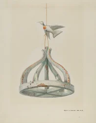 En målad, träkandelaber, med duva, ca. 1937.