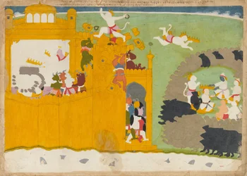 Aple兄aren Angada stjäl Ravanas krona från hans fästning, ca 1725.