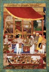 Kejsar Jahangir väger prins Khurram i guld, ca 1610-1615 (miniatyr)