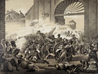 Spanien. Guerra de Independecia (1808). Andra maj i Madrid. Luis Daoiz död i försvaret av Monteleon-parken. Gravyr efter en målning av Manuel Castellano. Litografi.